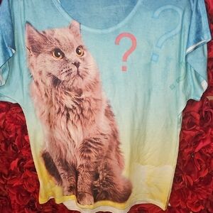 Cat Print Women's T-Shirt - Blue and Yellow Size L/Xlarge